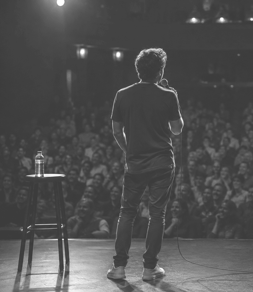 Humoriste face à une salle comble